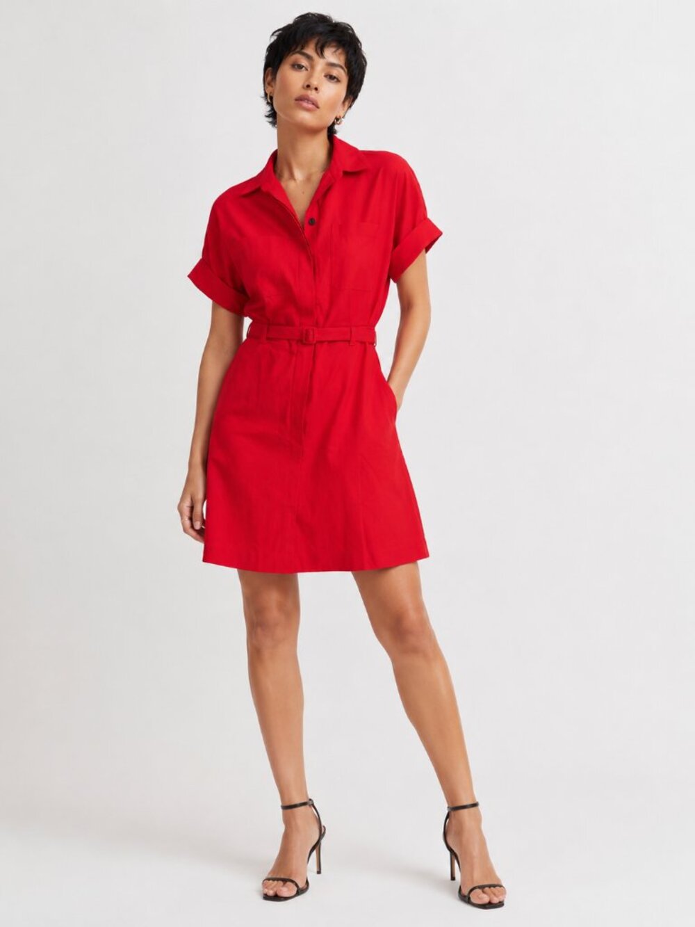 Theory Red Belted Short Sleeve Shirt Dress - Size 0